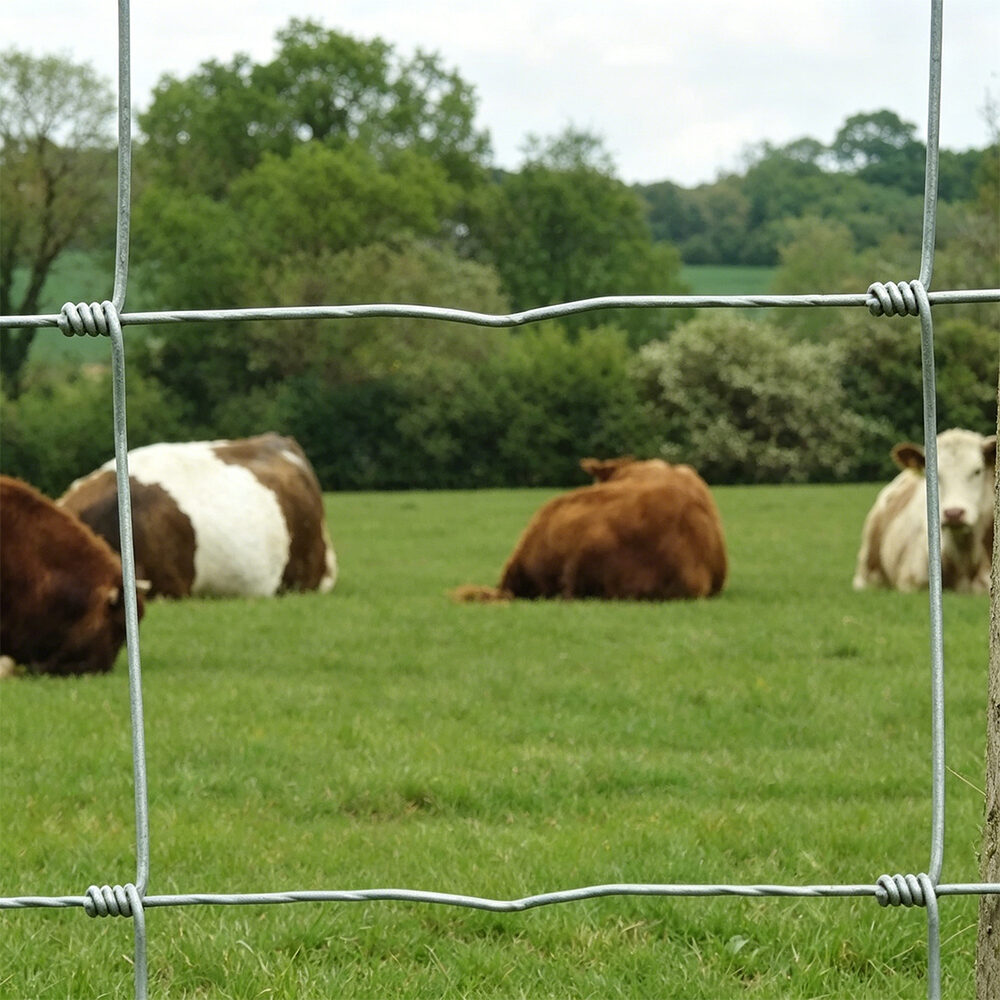 Hinge joint field fence installed with cattle grazing beyond