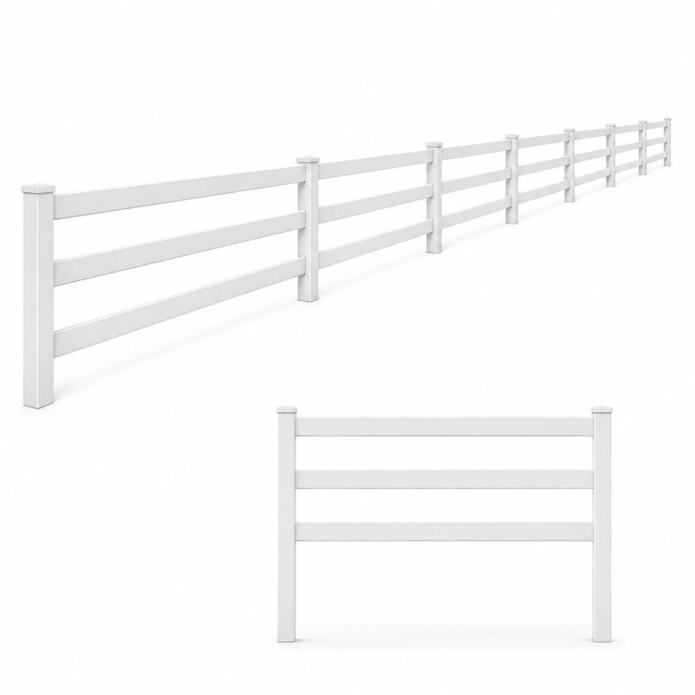 White three rail PVC vinyl ranch and horse fence system